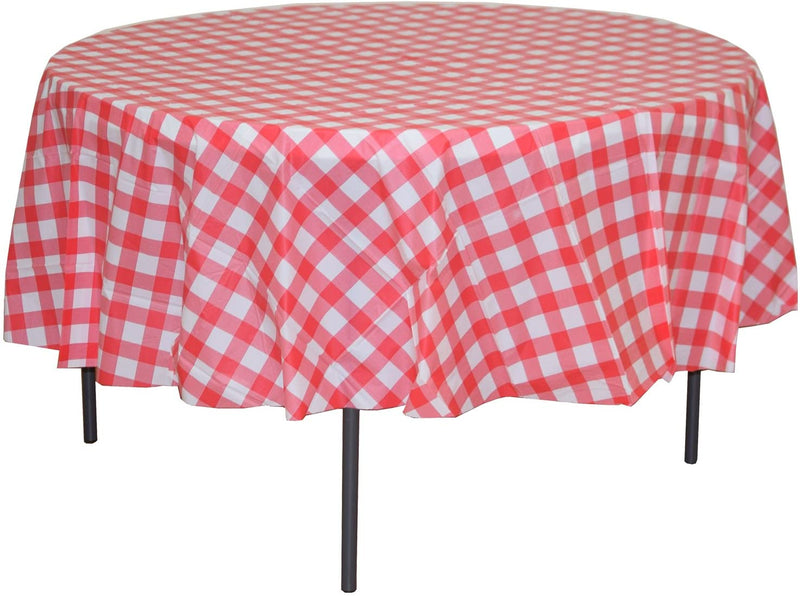 12 Pack Premium Round Plastic Checkered Red & White  Checker Tablecloth 84 inch. Round