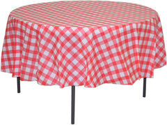 12 Pack Premium Round Plastic Checkered BBQ Tablecloth - Red & White Gingham Checkerboard 84 Inch