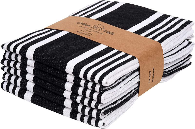 100% Cotton Dish Towel 20X30 Inch with Mitered Corners Trendy Stripes Black/White Bar Towels